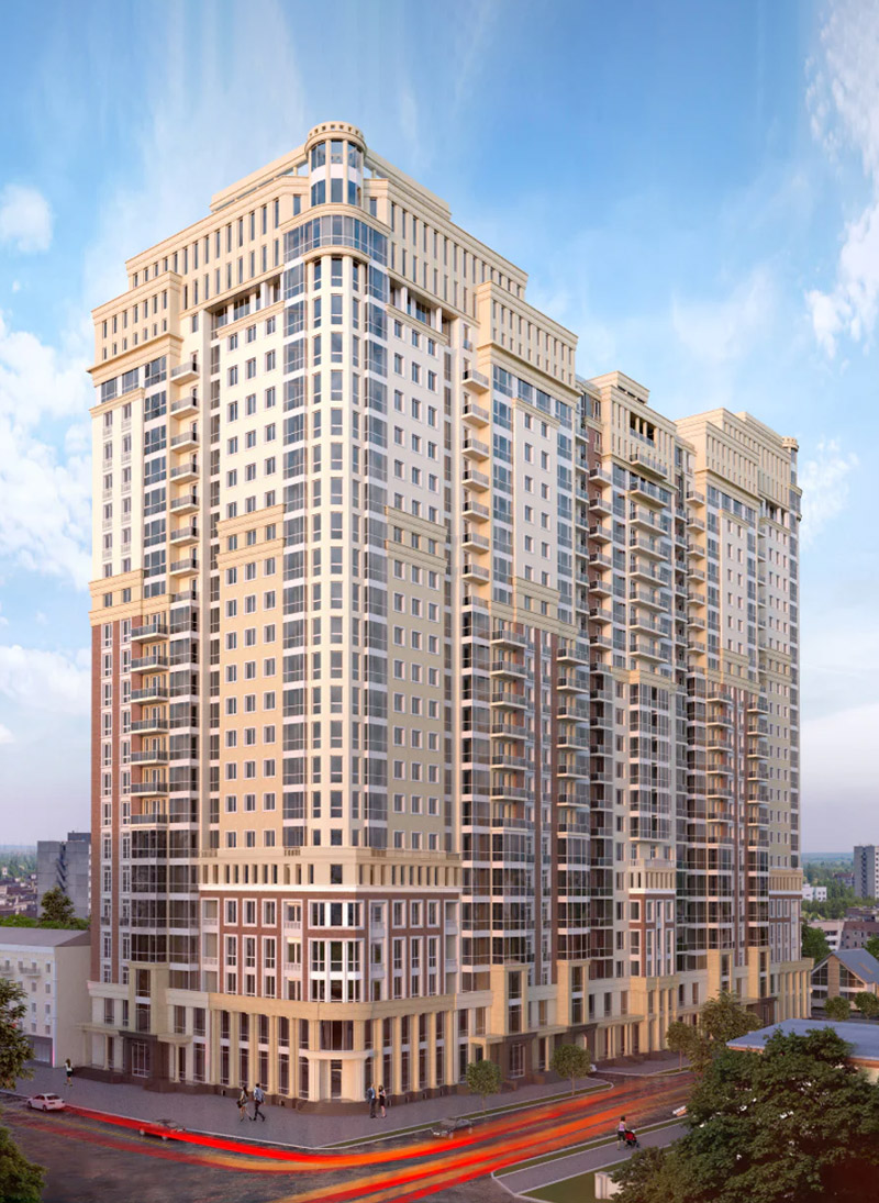 Find residential real estate A rendering of a residential apartment building with a brown brick and limestone exterior
